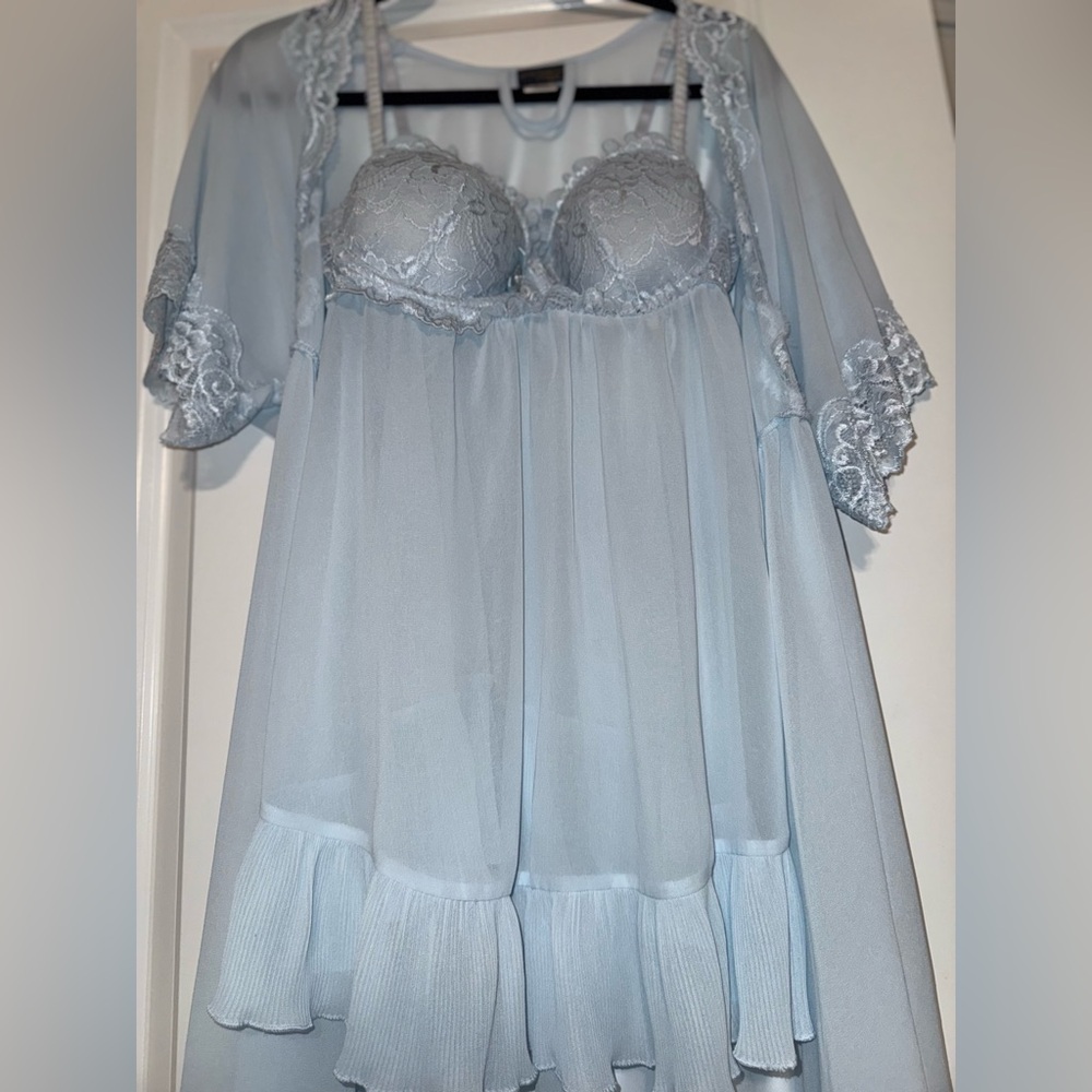 Seductivewear by Cinema Etiole Pastel Blue Romantic Lace Chiffon Babydoll Set - Picture 3 of 12